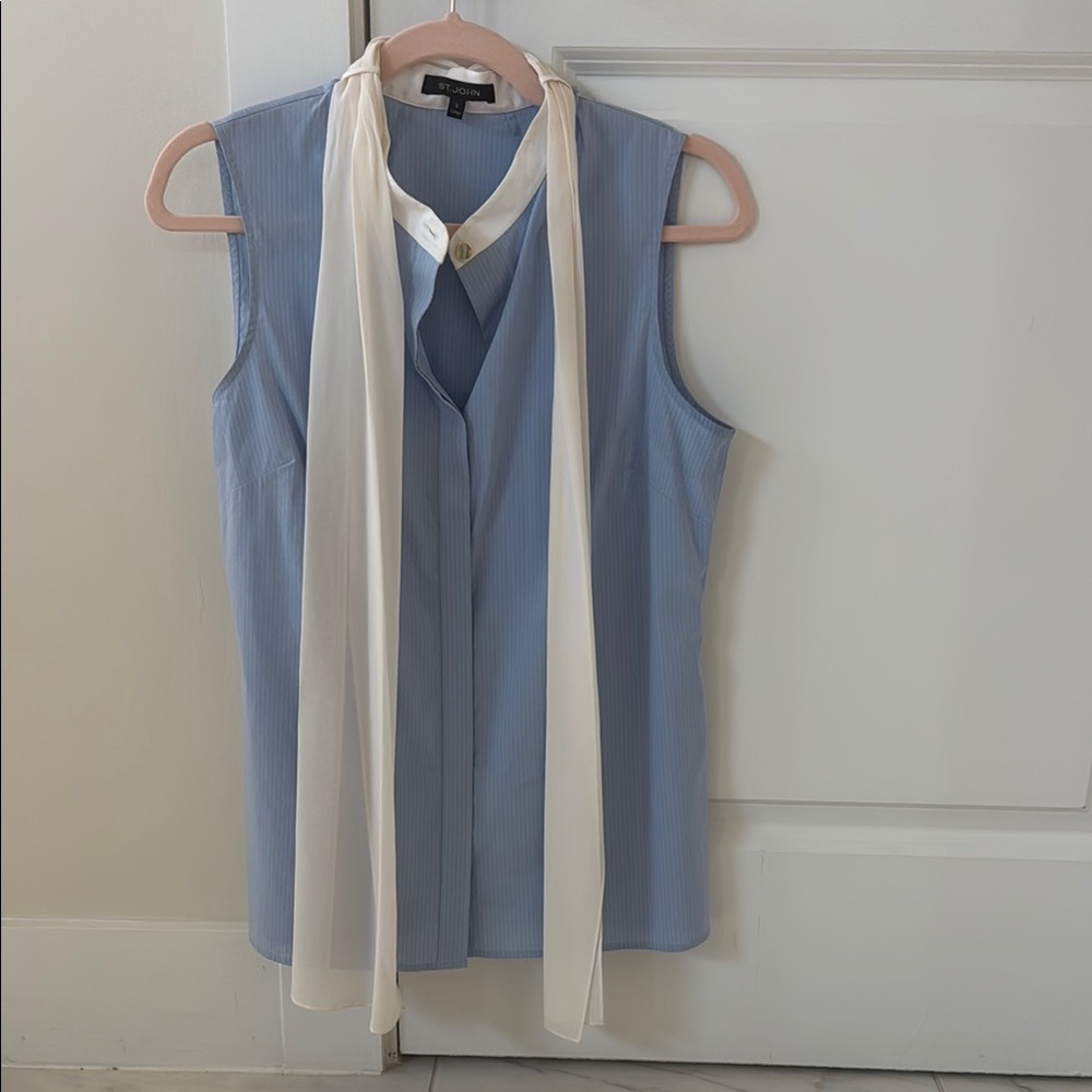 St. John Blue Sleeveless Fitted Blouse with Tie Front